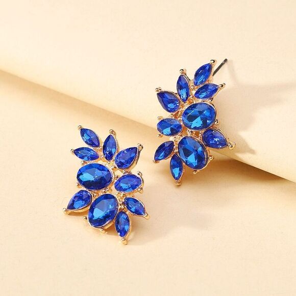Beautiful Flower Blue Rhinestones Stud Earrings Water Drop Textured Classic Chic - Picture 1 of 11